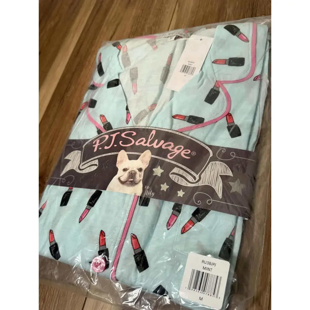NWT! PJ Salvage Jersey Pajamas in Mint Lipstick Print Size Medium - Picture 3 of 4